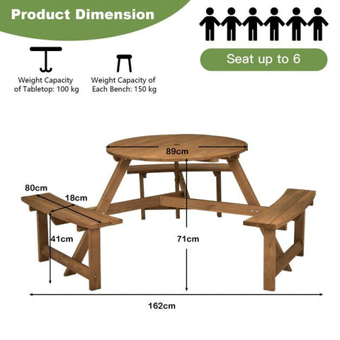 Outdoor Wooden Round Picnic Table with Durable Design and Umbrella Hole in Brown