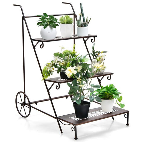 Garden 3 Tier Ladder Plant Stand with Metal Frame and Wheels in Brass