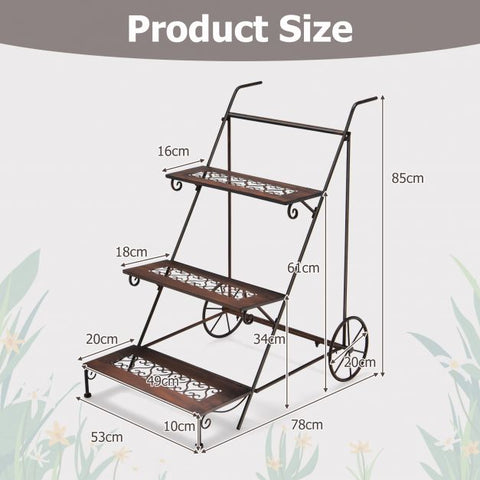 Garden 3 Tier Ladder Plant Stand with Metal Frame and Wheels in Brass