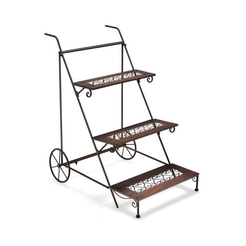Garden 3 Tier Ladder Plant Stand with Metal Frame and Wheels in Brass