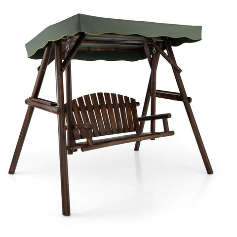 Wooden Garden Swing with Side Trays and Adjustable Canopy in Brown
