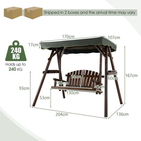 Wooden Garden Swing with Side Trays and Adjustable Canopy in Brown