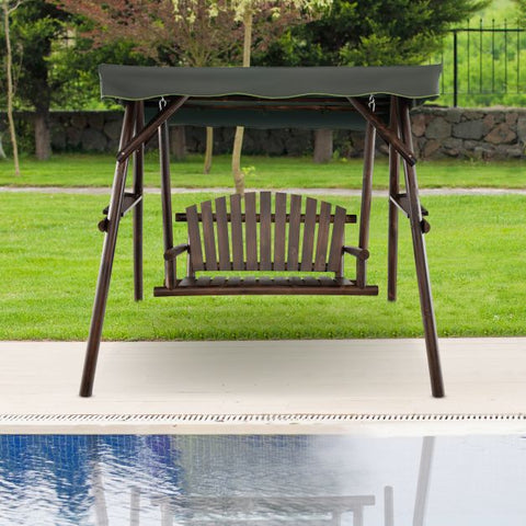 Wooden Garden Swing with Side Trays and Adjustable Canopy in Brown