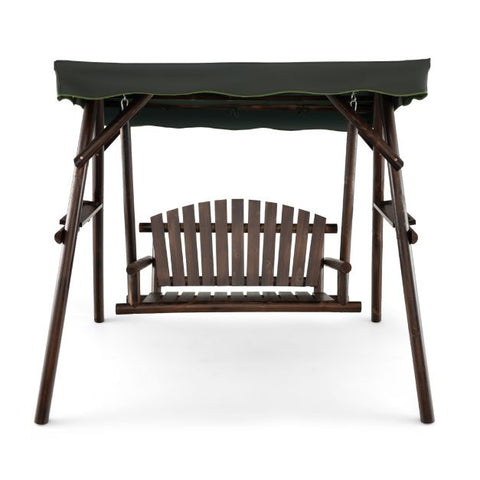 Wooden Garden Swing with Side Trays and Adjustable Canopy in Brown
