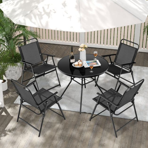 Garden Folding Chair Set with Breathable Material and Comfortable Armrests in Black