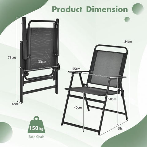 Garden Folding Chair Set with Breathable Material and Comfortable Armrests in Black