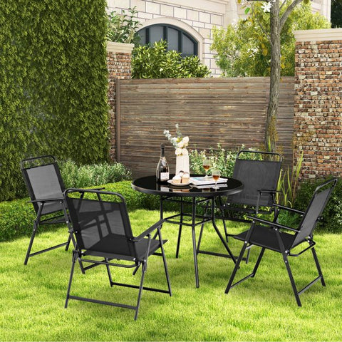Garden Folding Chair Set with Breathable Material and Comfortable Armrests in Black
