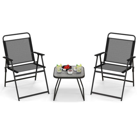 Garden Folding Conversation Set with Metal Frame and Ergonomic Design in Black