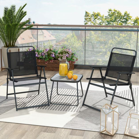 Garden Folding Conversation Set with Metal Frame and Ergonomic Design in Black