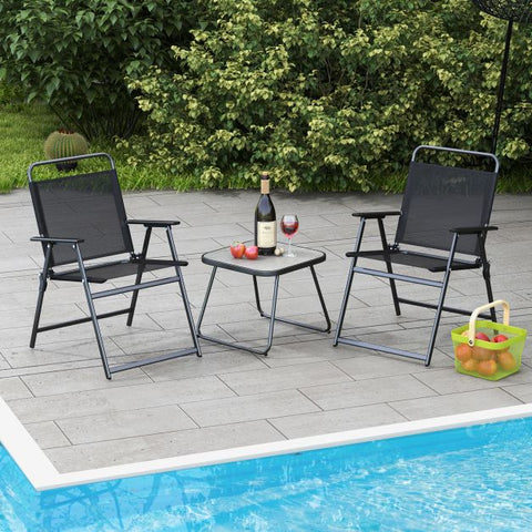 Garden Folding Conversation Set with Metal Frame and Ergonomic Design in Black