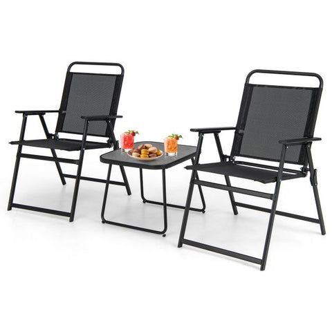 Garden Folding Conversation Set with Metal Frame and Ergonomic Design in Black