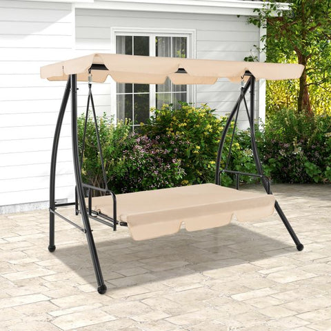 Sturdy Hammock Bench Swing with Cushions and Adjustable Canopy in Beige