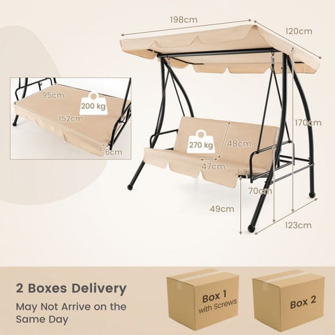 Sturdy Hammock Bench Swing with Cushions and Adjustable Canopy in Beige