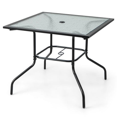 Garden Compact Tempered Glass Dining Table Top with Metal Frame and Umbrella Hole