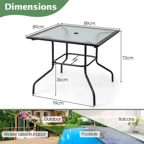Garden Compact Tempered Glass Dining Table Top with Metal Frame and Umbrella Hole