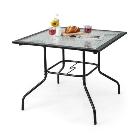 Garden Compact Tempered Glass Dining Table Top with Metal Frame and Umbrella Hole