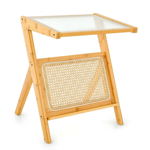 Compact Wood Side Table with Bamboo Frame and Tempered Glass Top