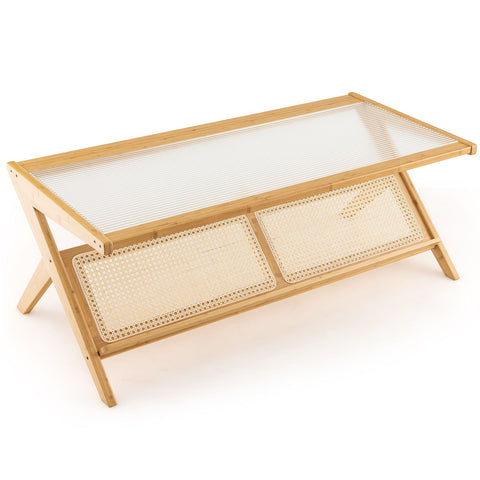 Natural Wooden Coffee Table with Bamboo Tempered Glass Top