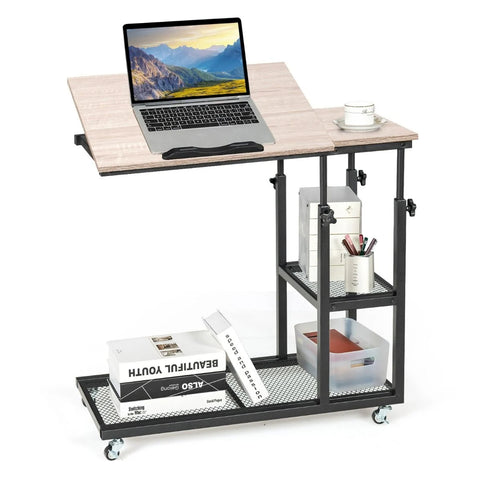 Versatile Adjustable Side Table with Ample Storage and Swivel Wheels
