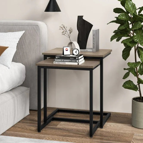 Compact C-Shaped Nested Side Table Set with Sturdy Metal Frame and Industrial Design