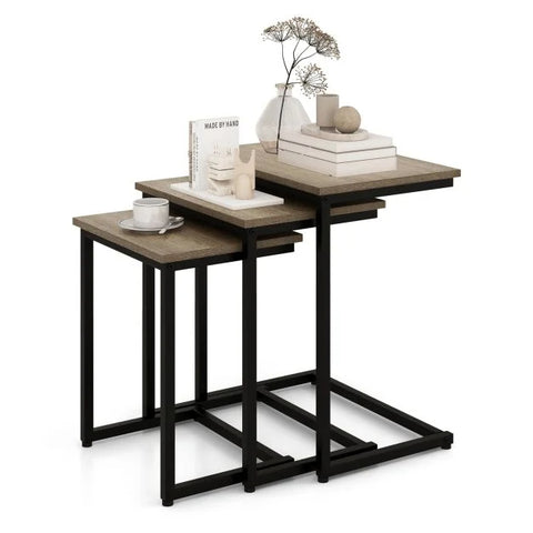 Compact C-Shaped Nested Side Table Set with Sturdy Metal Frame and Industrial Design