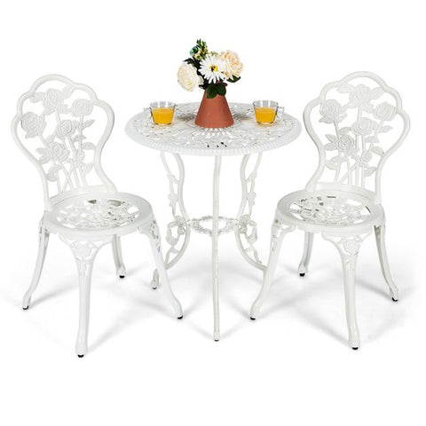 Garden Outdoor Bistro Dining set with Aluminium Roses Design in White
