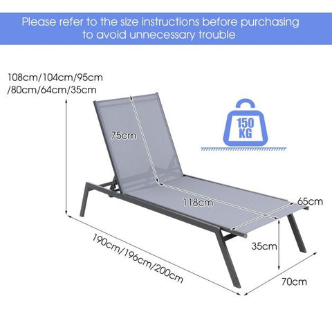 Garden Reclining Lounge Chair with Steel Frame and 6 Position Adjustment Feature in Grey