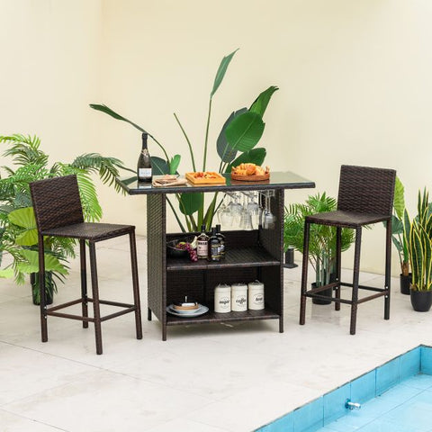 Garden Wicker Bar Set with Tempered Glass Table and stemware racks in Brown