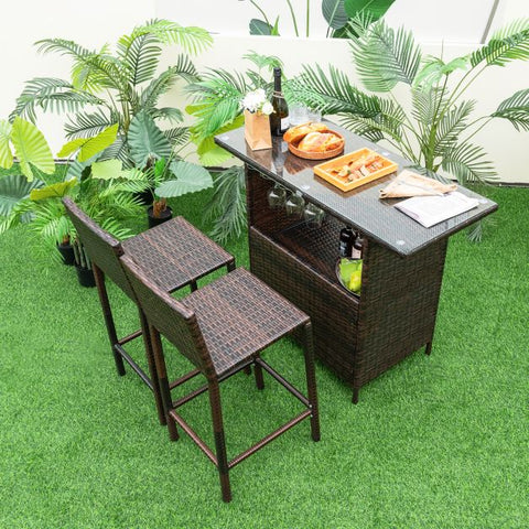 Garden Wicker Bar Set with Tempered Glass Table and stemware racks in Brown