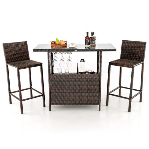Garden Wicker Bar Set with Tempered Glass Table and stemware racks in Brown