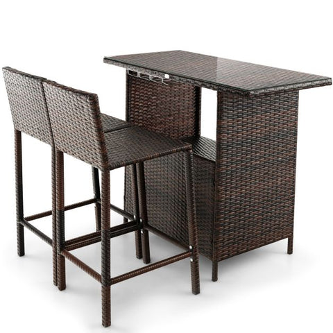 Garden Wicker Bar Set with Tempered Glass Table and stemware racks in Brown