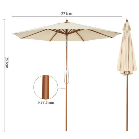 Wooden Parasol Umbrella with Pulley Lift System and Tilt Adjustment