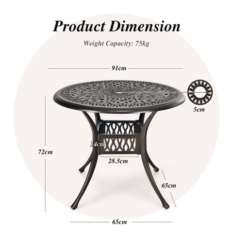 Outdoor 91cm Cast Aluminium Round Dining Table with Umbrella Hole in Copper