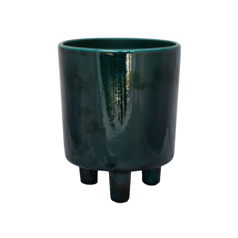 Contemporary Ceramic Planter with Tripod Legs and Glaze Finish in Emerald