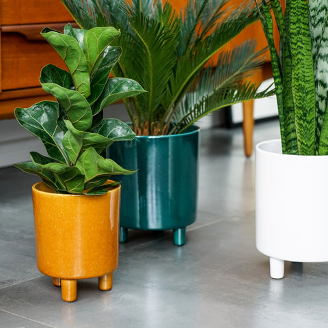 Contemporary Ceramic Planter with Tripod Legs and Glaze Finish in Mustard