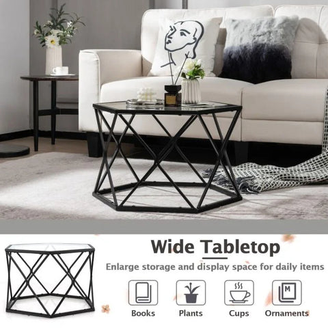 Tempered Glass Coffee Table with Heavy-Duty Steel Frame and Modern Geometric Design in Black