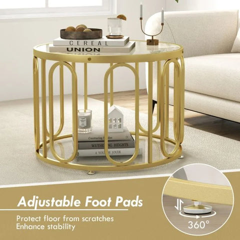 Versatile 2 Tier Round Coffee Table with Swivel Brackets and Tempered Glass in Gold