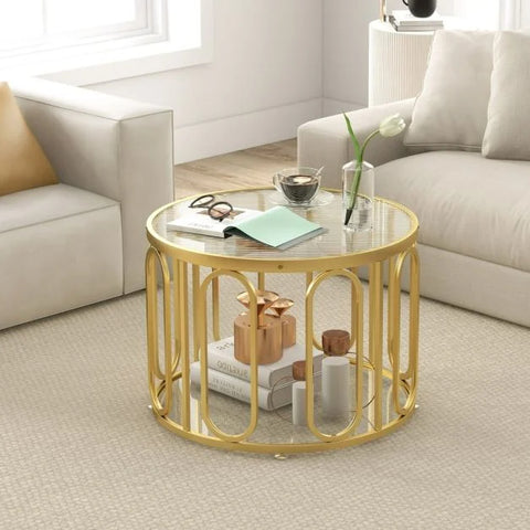 Versatile 2 Tier Round Coffee Table with Swivel Brackets and Tempered Glass in Gold