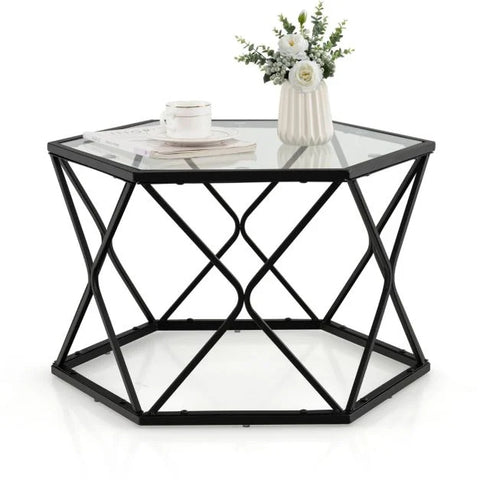 Tempered Glass Coffee Table with Heavy-Duty Steel Frame and Modern Geometric Design in Black