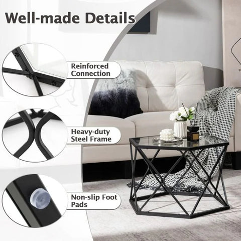 Tempered Glass Coffee Table with Heavy-Duty Steel Frame and Modern Geometric Design in Black