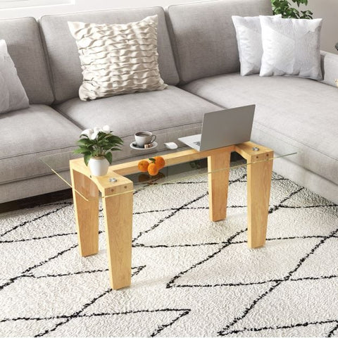 Rectangular Wood Coffee Table with Contemporary Tripod Design and Tempered Glass Top
