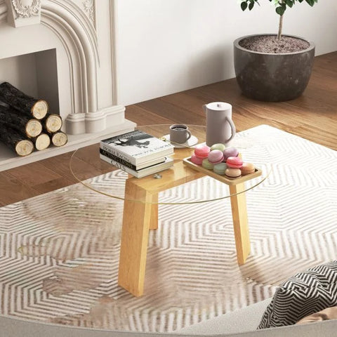 Round Rubber Wood Coffee Table with Contemporary Tripod Design and Sturdy Tempered Glass Top