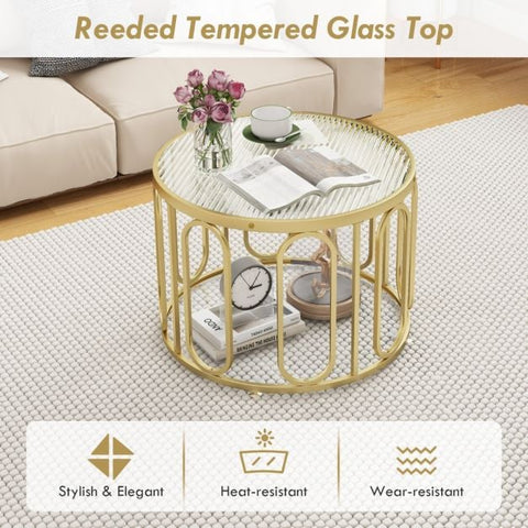 Versatile 2 Tier Round Coffee Table with Swivel Brackets and Tempered Glass in Gold