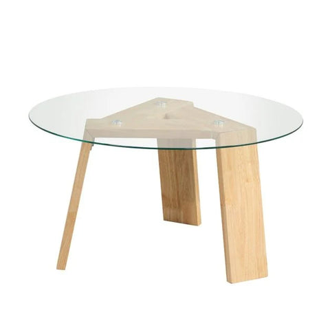 Round Rubber Wood Coffee Table with Contemporary Tripod Design and Sturdy Tempered Glass Top