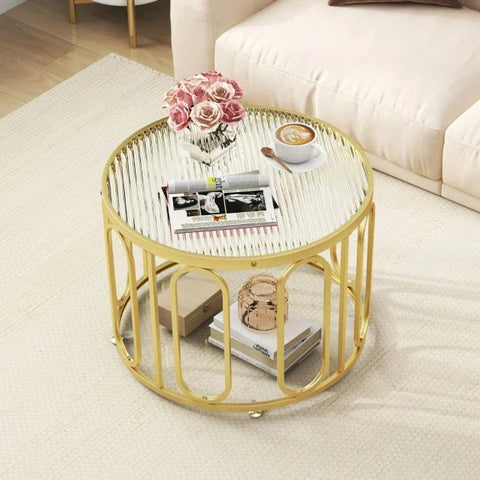 Versatile 2 Tier Round Coffee Table with Swivel Brackets and Tempered Glass in Gold