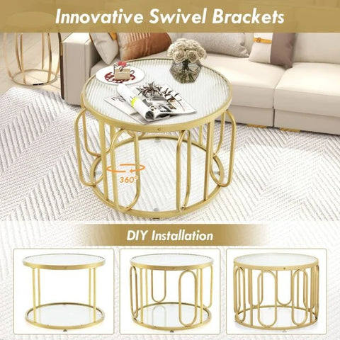 Versatile 2 Tier Round Coffee Table with Swivel Brackets and Tempered Glass in Gold