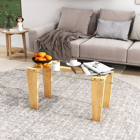 Rectangular Wood Coffee Table with Contemporary Tripod Design and Tempered Glass Top