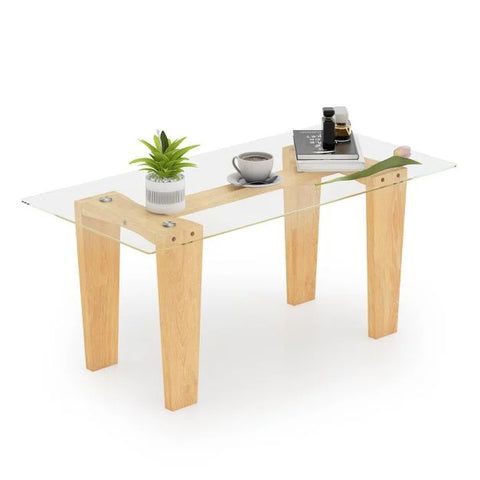 Rectangular Wood Coffee Table with Contemporary Tripod Design and Tempered Glass Top