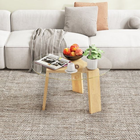 Round Rubber Wood Coffee Table with Contemporary Tripod Design and Sturdy Tempered Glass Top