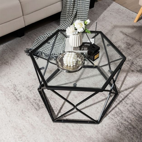 Tempered Glass Coffee Table with Heavy-Duty Steel Frame and Modern Geometric Design in Black